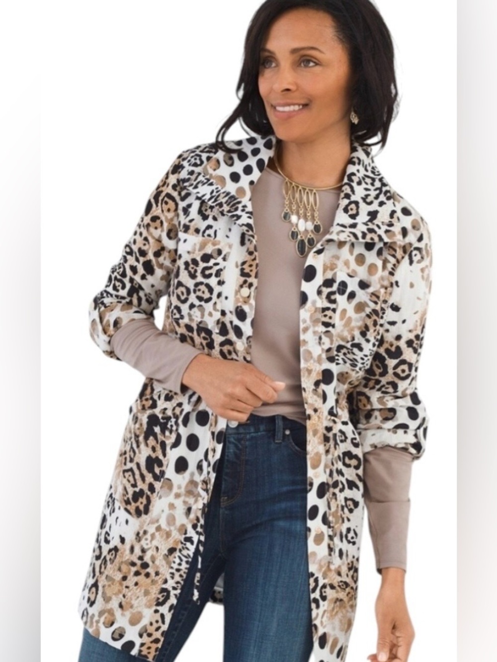 Chicos Leopard Print Anorak Tab Sleeve Pockets Collared Tunic Cinch Waist Jacket